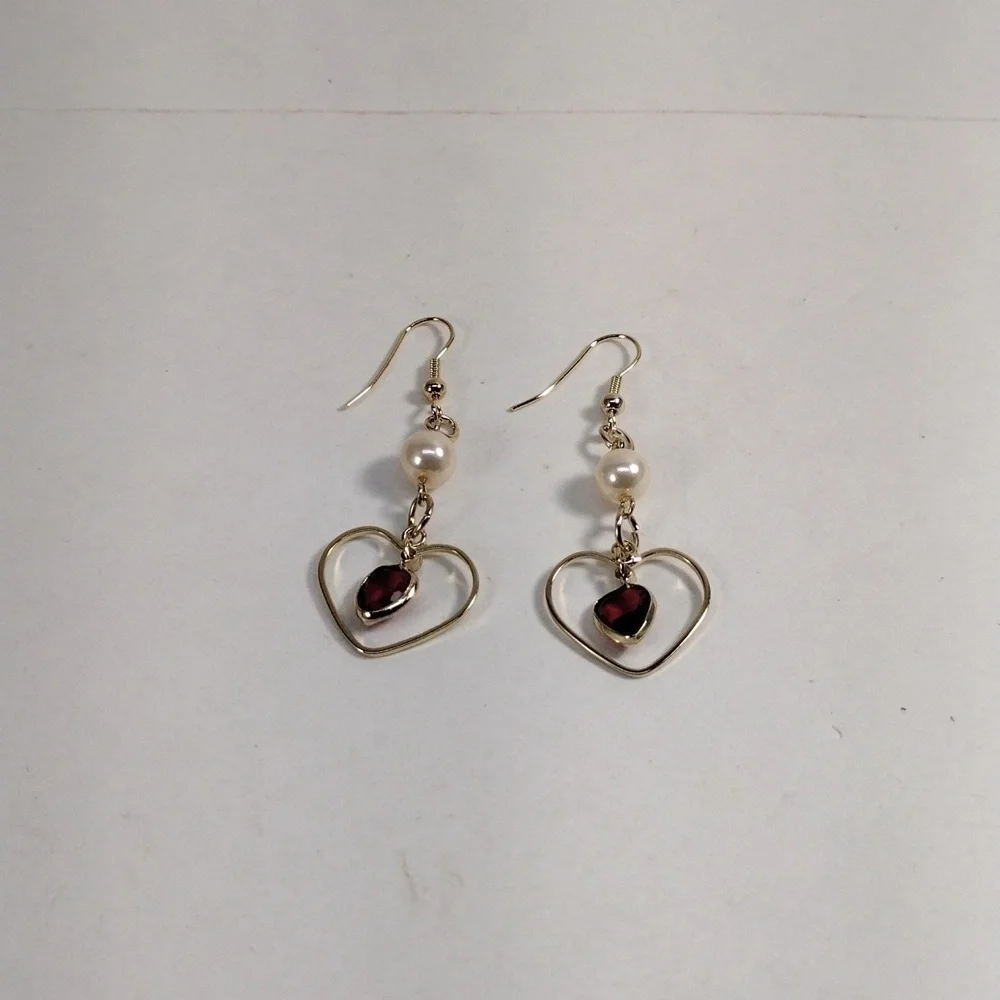 Women's  Gold Red Stone Heart Shape Beaded Earrings, 2.25-in Fashion Jewelry